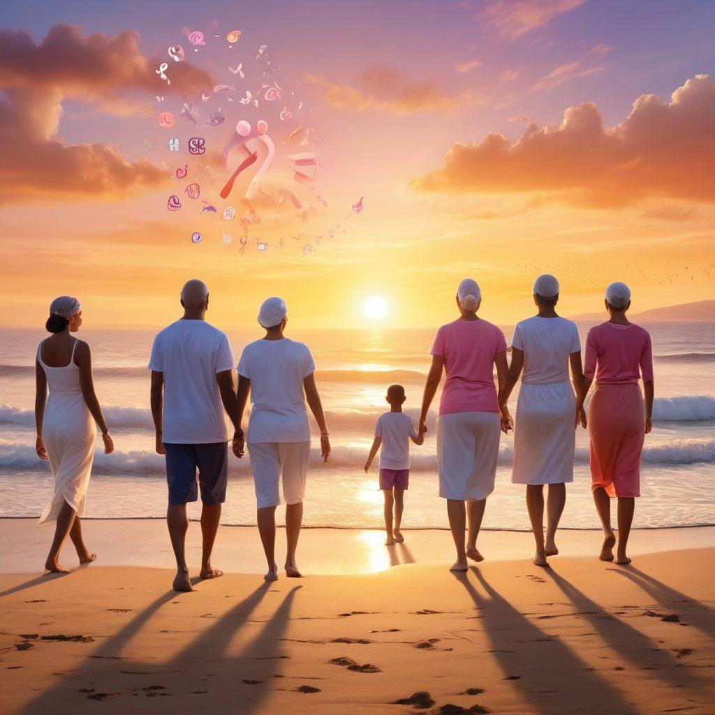 A serene scene depicting a diverse group of individuals of different ages and backgrounds, engaging in various activities that symbolize empowerment and support in cancer care. In the background, a soft sunrise symbolizes hope, while elements like medical symbols, healthy foods, and supportive gestures are interspersed throughout the scene. The overall atmosphere conveys resilience and positivity. super-realistic. vibrant colors. soothing tones.