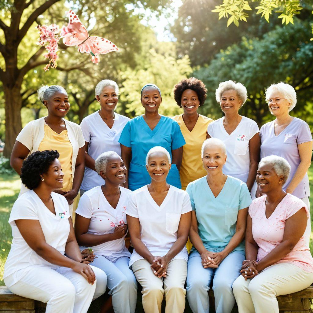 A serene and uplifting scene featuring a group of diverse cancer survivors sharing their stories in a sunlit park. Include symbols of hope like butterflies and blooming flowers around them, while displaying supportive gestures like holding hands. Visually represent essential care tips with subtle icons like a heart, stethoscope, and a wellness journal. The atmosphere should evoke positivity and resilience. vibrant colors. painting.